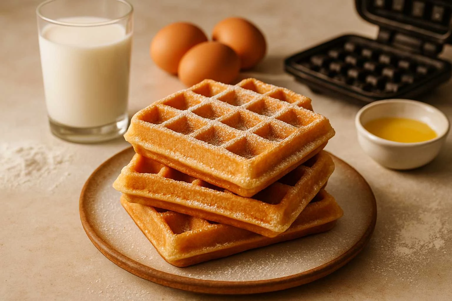 Stack of golden-brown Belgian waffles with crisp square pockets on a rustic wooden board, lightly dusted with powdered sugar. Surrounded by baking ingredients like milk, eggs, butter, and flour, with a vintage waffle iron in the background. Warm natural lighting creates a cozy French patisserie feel.