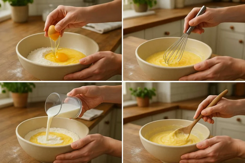 Collage-style image showing hands preparing Belgian waffle batter—mixing ingredients, whisking eggs, pouring milk, and folding the batter—in a warmly lit, realistic home kitchen setting.