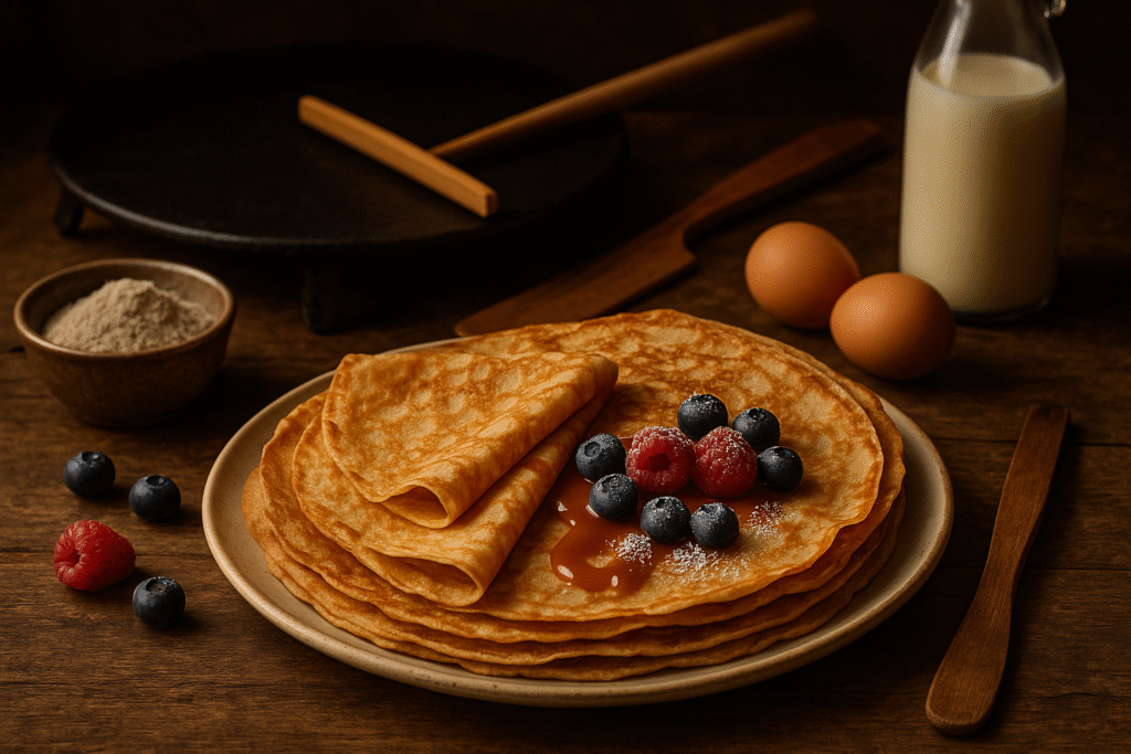 Crêpes bretonnes dorées servies sur une assiette en céramique rustique, garnies de caramel au beurre salé, fruits rouges et sucre glace, avec une billig en fonte, un rozell en bois et une spatule bretonne en arrière-plan, le tout sur une table en bois dans une ambiance chaleureuse de cuisine traditionnelle.