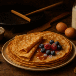 Crêpes bretonnes dorées servies sur une assiette en céramique rustique, garnies de caramel au beurre salé, fruits rouges et sucre glace, avec une billig en fonte, un rozell en bois et une spatule bretonne en arrière-plan, le tout sur une table en bois dans une ambiance chaleureuse de cuisine traditionnelle.