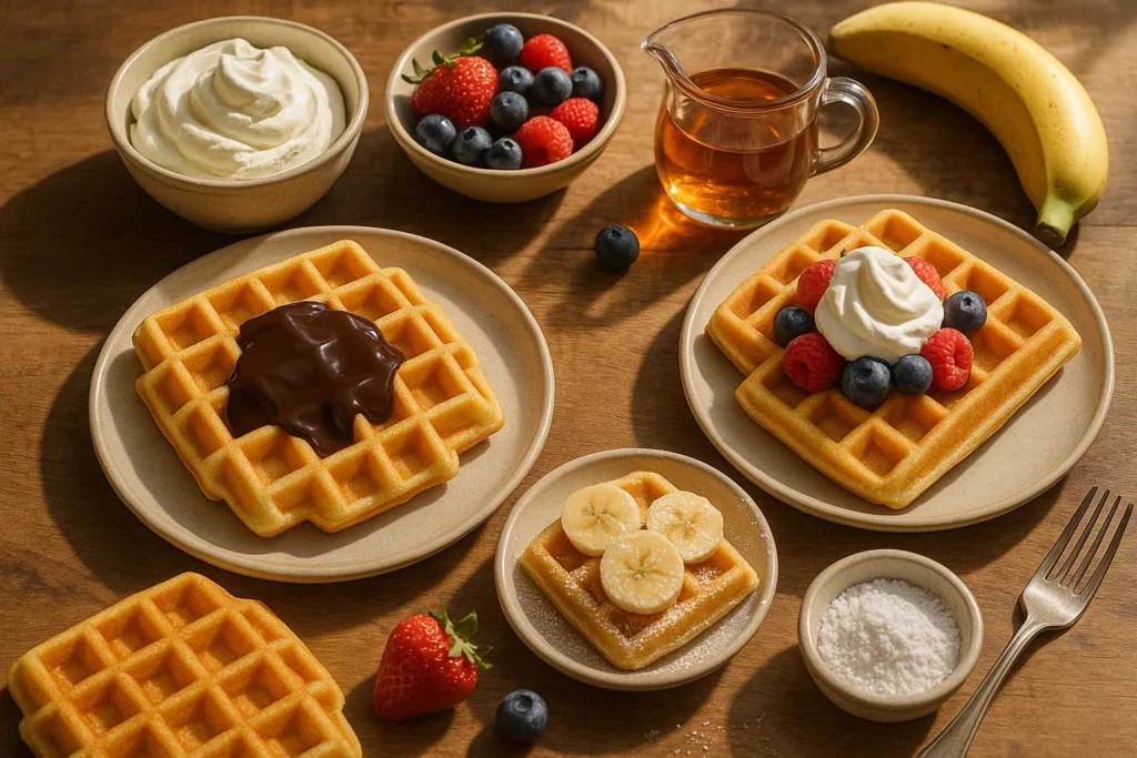 Breakfast table scene with golden waffles topped with chocolate sauce, whipped cream, berries, maple syrup, banana slices, and powdered sugar, surrounded by fresh ingredients and bathed in soft morning light
