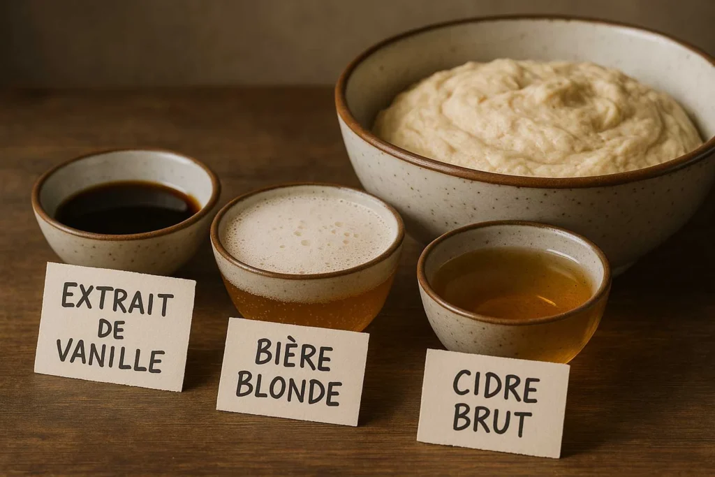 Trois petits bols contenant extrait de vanille, bière blonde et cidre brut avec étiquettes manuscrites, disposés près d’un saladier de pâte à crêpes dans une ambiance d’expérimentation culinaire chaleureuse
