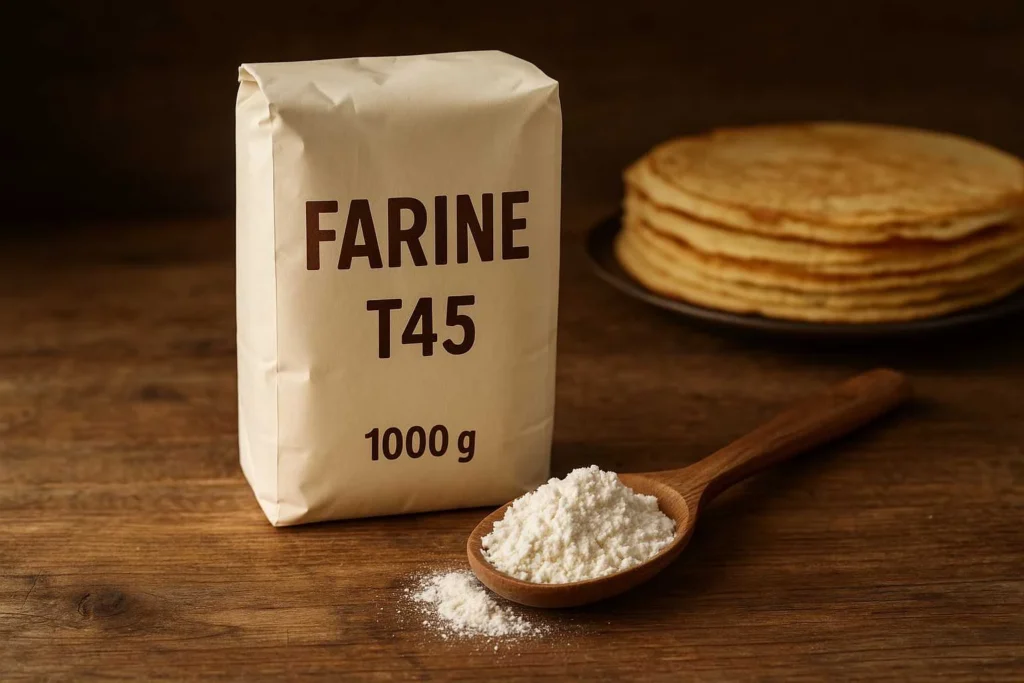 Paquet de farine T45 sur un plan de travail en bois avec cuillère en bois remplie de farine au premier plan et crêpes moelleuses en arrière-plan, éclairage doux et ambiance rustique
