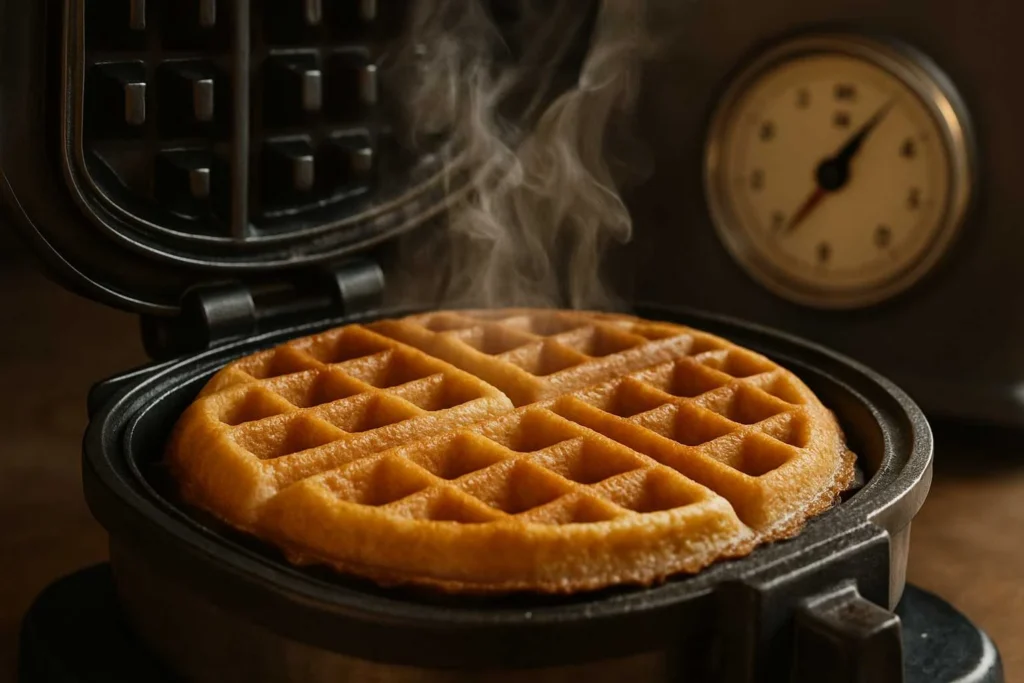 Realistic scene of a chef resembling Cyril Lignac demonstrating waffle tips including adjusting a waffle iron’s temperature, lifting a golden waffle with tongs, and a close-up showing its crisp exterior and fluffy interior

