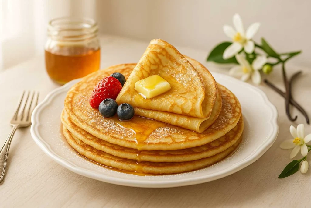Crêpes françaises dorées et moelleuses empilées sur une assiette en céramique blanche, avec une crêpe pliée en quatre sur le dessus, saupoudrées de sucre glace, garnies de beurre fondant, de sirop brillant et de quelques fruits rouges, dans un décor élégant avec lumière naturelle chaude et accessoires culinaires subtils