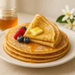 Crêpes françaises dorées et moelleuses empilées sur une assiette en céramique blanche, avec une crêpe pliée en quatre sur le dessus, saupoudrées de sucre glace, garnies de beurre fondant, de sirop brillant et de quelques fruits rouges, dans un décor élégant avec lumière naturelle chaude et accessoires culinaires subtils