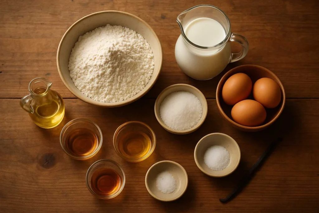 Ingrédients pour pâte à crêpes de Cyril Lignac disposés sur une table de cuisine vue de dessus, incluant farine, œufs, lait, sucre, sel, huile, rhum, fleur d’oranger et vanille, avec lumière naturelle douce et ambiance chaleureuse
