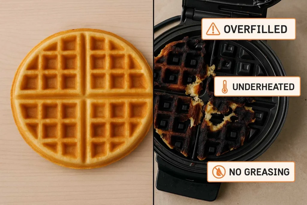 Split-screen image showing a perfect golden waffle on one side and a burnt or stuck waffle on the other, with visual annotations indicating common mistakes like overfilling, underheating, and lack of greasing
