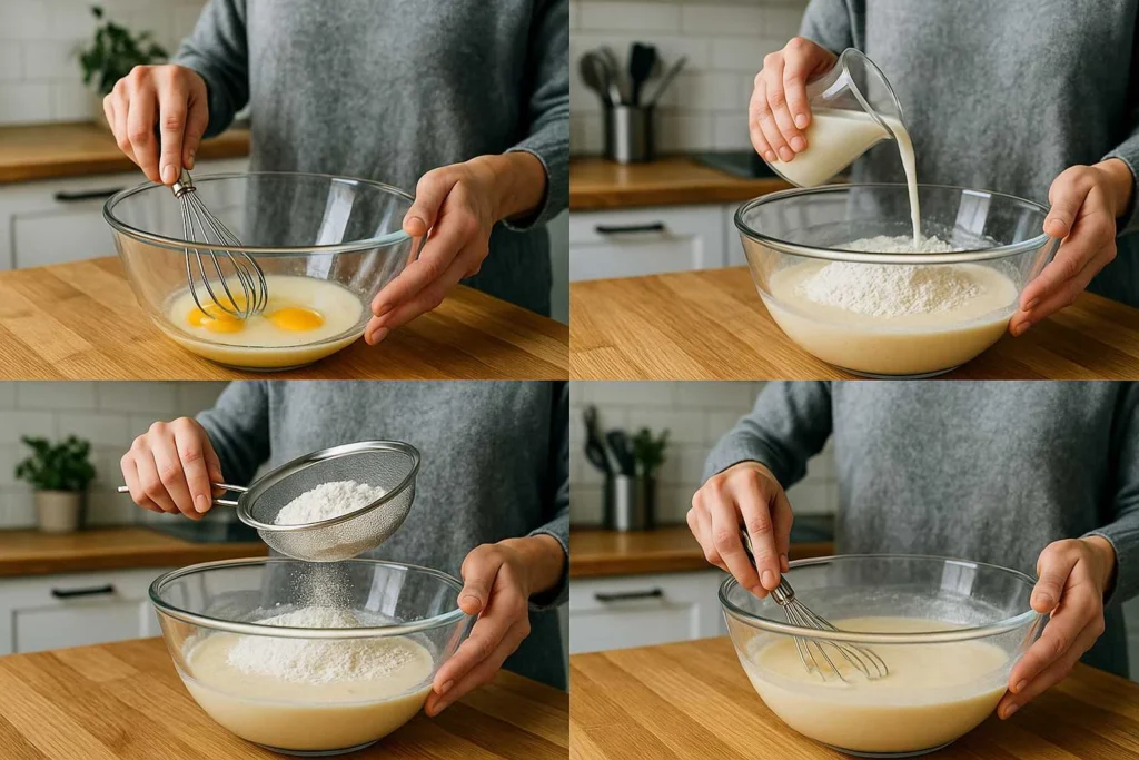 Étapes de préparation de pâte à crêpes dans une cuisine moderne avec mains visibles : fouettage dans un saladier, ajout de lait, farine tamisée, mélange fluide et ambiance conviviale