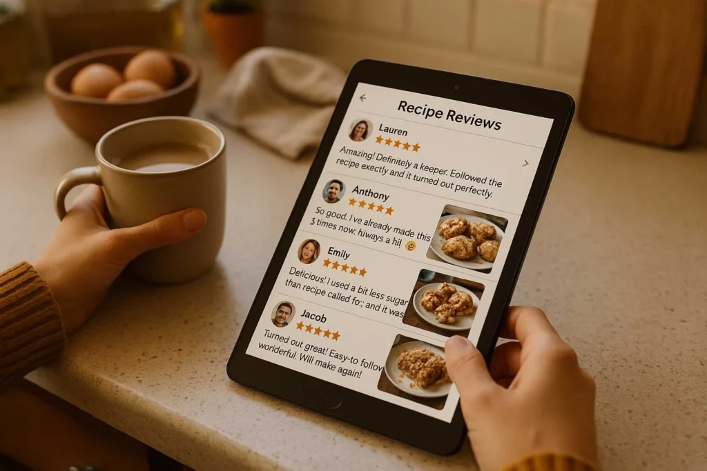 Realistic scene of a tablet or phone showing a recipe page with user reviews, star ratings, and photos, set in a cozy kitchen with someone sipping coffee and scrolling through feedback
