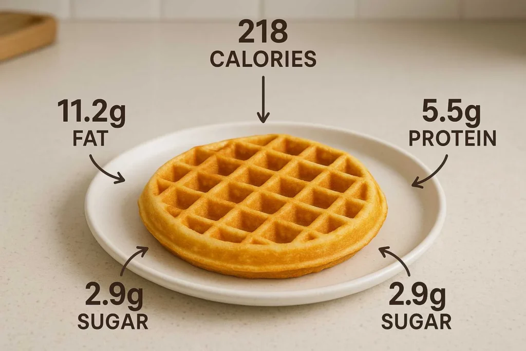 Infographic-style image showing a golden waffle on a plate with arrows highlighting nutritional information including calories, fat, sugar, and protein, set against a clean neutral kitchen background
